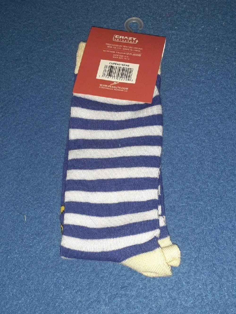 Peanuts Purple Crew Socks with White Stripes and Yellow Woodstock